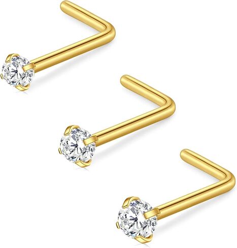 D.Bella 16G 18G 20G 22G L Shaped Nose Studs Surgical Steel 1.5mm 2mm 2.5mm 3mm Clear Colorful Diamond CZ Nose Rings Studs Nose Rings for Women Nose Nostril Piercing Jewerly Silver Gold Rose Gold Black in Kuwait