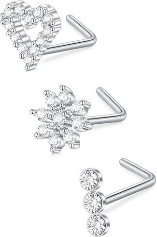 D.Bella 16G 18G 20G 22G L Shaped Nose Studs Surgical Steel 1.5mm 2mm 2.5mm 3mm Clear Colorful Diamond CZ Nose Rings Studs Nose Rings for Women Nose Nostril Piercing Jewerly Silver Gold Rose Gold Black in Kuwait