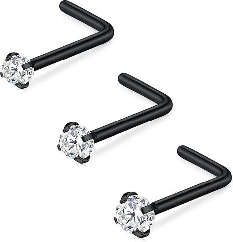 D.Bella 16G 18G 20G 22G L Shaped Nose Studs Surgical Steel 1.5mm 2mm 2.5mm 3mm Clear Colorful Diamond CZ Nose Rings Studs Nose Rings for Women Nose Nostril Piercing Jewerly Silver Gold Rose Gold Black in Kuwait