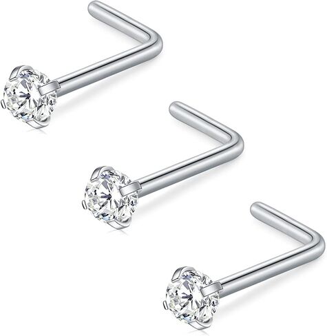 D.Bella 16G 18G 20G 22G L Shaped Nose Studs Surgical Steel 1.5mm 2mm 2.5mm 3mm Clear Colorful Diamond CZ Nose Rings Studs Nose Rings for Women Nose Nostril Piercing Jewerly Silver Gold Rose Gold Black in Kuwait