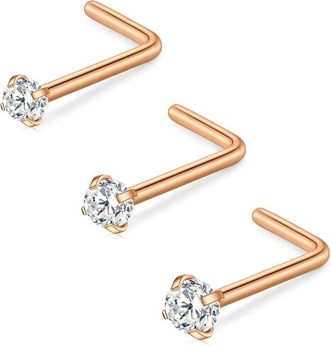 D.Bella 16G 18G 20G 22G L Shaped Nose Studs Surgical Steel 1.5mm 2mm 2.5mm 3mm Clear Colorful Diamond CZ Nose Rings Studs Nose Rings for Women Nose Nostril Piercing Jewerly Silver Gold Rose Gold Black in Kuwait