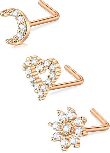 D.Bella 16G 18G 20G 22G L Shaped Nose Studs Surgical Steel 1.5mm 2mm 2.5mm 3mm Clear Colorful Diamond CZ Nose Rings Studs Nose Rings for Women Nose Nostril Piercing Jewerly Silver Gold Rose Gold Black in Kuwait
