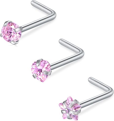 D.Bella 16G 18G 20G 22G L Shaped Nose Studs Surgical Steel 1.5mm 2mm 2.5mm 3mm Clear Colorful Diamond CZ Nose Rings Studs Nose Rings for Women Nose Nostril Piercing Jewerly Silver Gold Rose Gold Black in Kuwait