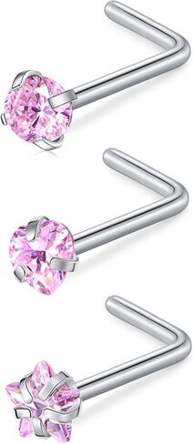 D.Bella 16G 18G 20G 22G L Shaped Nose Studs Surgical Steel 1.5mm 2mm 2.5mm 3mm Clear Colorful Diamond CZ Nose Rings Studs Nose Rings for Women Nose Nostril Piercing Jewerly Silver Gold Rose Gold Black in Kuwait
