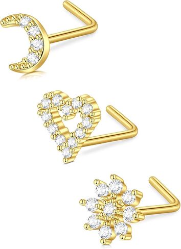 D.Bella 16G 18G 20G 22G L Shaped Nose Studs Surgical Steel 1.5mm 2mm 2.5mm 3mm Clear Colorful Diamond CZ Nose Rings Studs Nose Rings for Women Nose Nostril Piercing Jewerly Silver Gold Rose Gold Black in Kuwait