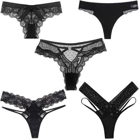 Sexy Black Thong Underwear | Variety 5 Pack | Lace Panties | Women's Underwear | Panties for Women | Lingerie for Women in Kuwait
