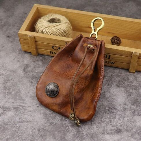 Genuine Leather - Drawstring Pouch Leather Coin Purse Pouch Keychain Mini Vintage Jewelry Key Dice Personality Change Coin Purse Pouch Bag Organizer for Men & Women (Black) in Kuwait