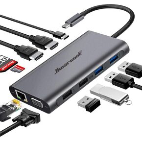 Hiearcool USB C Docking Station, 11-in-1 Dock, HDMI, VGA, Ethernet, Grey | Triple display via 2 HDMI and VGA; plug-and-play, 100W PD, USB and SD/TF; compatible for HP, Dell and Lenovo USB C laptops in Saudi Arabia