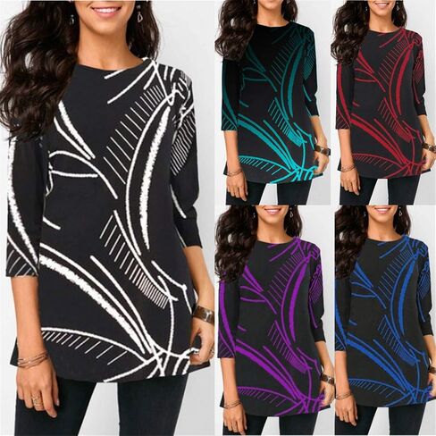 Andongnywell Women's Plus Size Loose Printed 3/4 Sleeve Chiffon Shirt Tunic Tops Round Neck top Blouse in Saudi Arabia