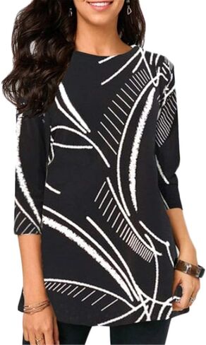 Andongnywell Women's Plus Size Loose Printed 3/4 Sleeve Chiffon Shirt Tunic Tops Round Neck top Blouse in Saudi Arabia