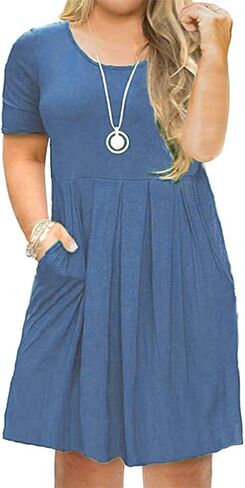 AUSELILY Women's Plus Size Round Neck Pleated Swing Dress with Pockets Knee Length in Saudi Arabia