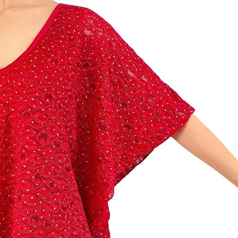 Brittany Black Women’s V-Neck 3/4 Sleeve Lace Poncho Floral Print Knit Blouse in Saudi Arabia