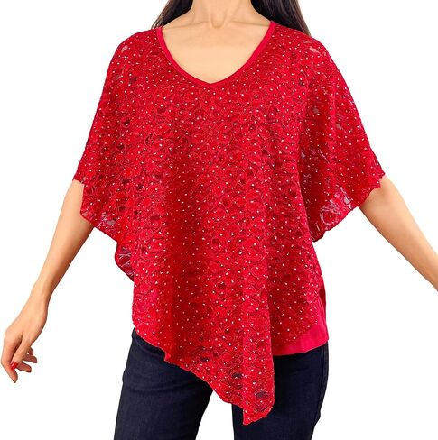 Brittany Black Women’s V-Neck 3/4 Sleeve Lace Poncho Floral Print Knit Blouse in Saudi Arabia