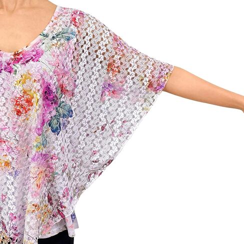 Brittany Black Women’s V-Neck 3/4 Sleeve Lace Poncho Floral Print Knit Blouse in Saudi Arabia