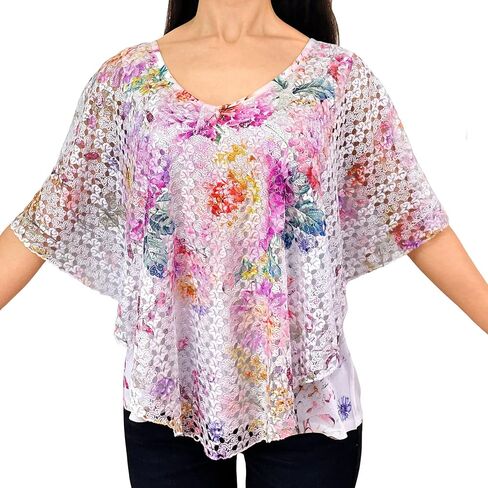 Brittany Black Women’s V-Neck 3/4 Sleeve Lace Poncho Floral Print Knit Blouse in Saudi Arabia