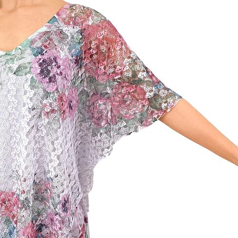 Brittany Black Women’s V-Neck 3/4 Sleeve Lace Poncho Floral Print Knit Blouse in Saudi Arabia