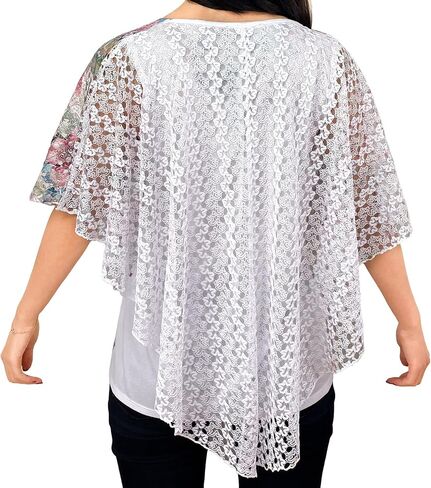 Brittany Black Women’s V-Neck 3/4 Sleeve Lace Poncho Floral Print Knit Blouse in Saudi Arabia