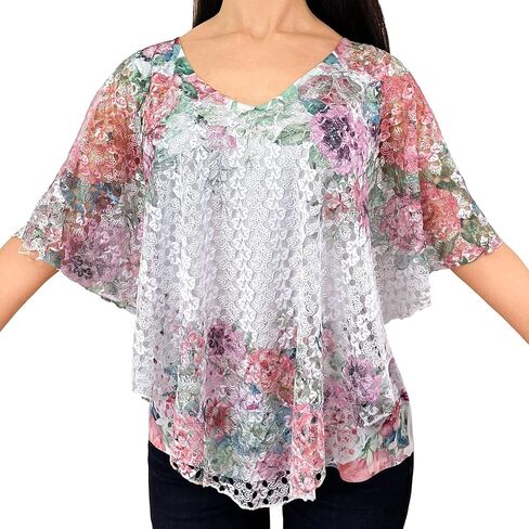 Brittany Black Women’s V-Neck 3/4 Sleeve Lace Poncho Floral Print Knit Blouse in Saudi Arabia