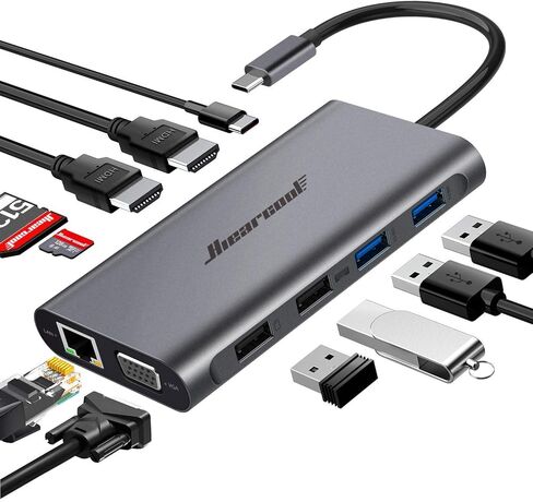 Hiearcool USB C Docking Station, 11-in-1 Dock, HDMI, VGA, Ethernet, Grey | Triple display via 2 HDMI and VGA; plug-and-play, 100W PD, USB and SD/TF; compatible for HP, Dell and Lenovo USB C laptops in Kuwait