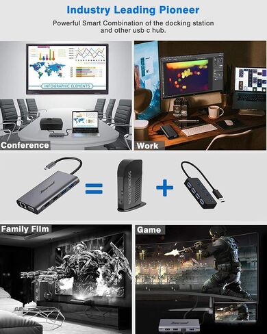 Hiearcool USB C Docking Station, 11-in-1 Dock, HDMI, VGA, Ethernet, Grey | Triple display via 2 HDMI and VGA; plug-and-play, 100W PD, USB and SD/TF; compatible for HP, Dell and Lenovo USB C laptops in Kuwait