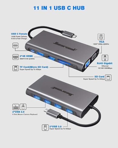 Hiearcool USB C Docking Station, 11-in-1 Dock, HDMI, VGA, Ethernet, Grey | Triple display via 2 HDMI and VGA; plug-and-play, 100W PD, USB and SD/TF; compatible for HP, Dell and Lenovo USB C laptops in Kuwait