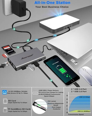 Hiearcool USB C Docking Station, 11-in-1 Dock, HDMI, VGA, Ethernet, Grey | Triple display via 2 HDMI and VGA; plug-and-play, 100W PD, USB and SD/TF; compatible for HP, Dell and Lenovo USB C laptops in Kuwait