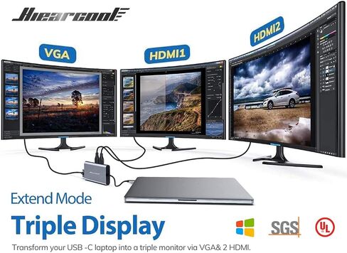 Hiearcool USB C Docking Station, 11-in-1 Dock, HDMI, VGA, Ethernet, Grey | Triple display via 2 HDMI and VGA; plug-and-play, 100W PD, USB and SD/TF; compatible for HP, Dell and Lenovo USB C laptops in Kuwait