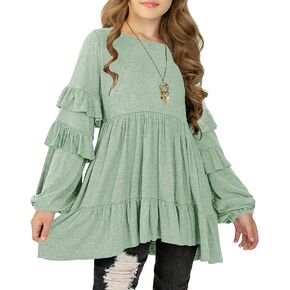 MITILLY Girls Crewneck Ruffle Long Sleeve Loose Pleated Babydoll Blouse Tops with Pockets
