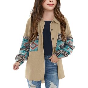 Imily Bela Girls Aztec Print Corduroy Jacket Fall Button Down Long Sleeve Shirt Overszied Shacket