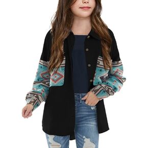 Imily Bela Girls Aztec Print Corduroy Jacket Fall Button Down Long Sleeve Shirt Overszied Shacket