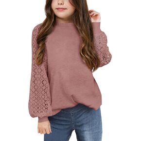 Apbondy Girls Long Sleeve Shirts Casual Crew Neck Lace Loose Blouse Tops