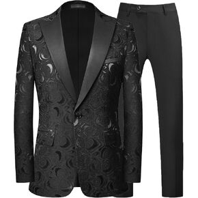 MOGU Mens 2 Piece Floral Slim Fit Black and White Tuxedo for Wedding Dinner Prom Party
