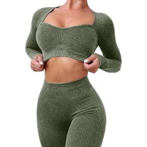 مجموعات تجريب للنساء طويلة الأكمام 2 قطعة ملابس اليوغا سلس مضلع الرقبة على شكل قلب المحاصيل الأعلى عالية واسط يغطي الرجل مجموعات in Kuwait