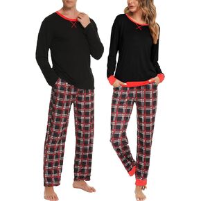 SWOMOG Men & Women & Kids Matching Pajama Sets for Family Couples Long Sleeve Sleepwear Plaid Striped Pants with Pockets