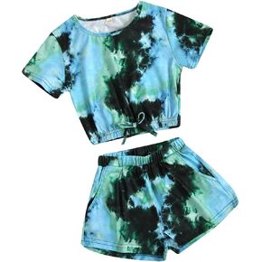 Girls Summer Tie-Dye Outfits Elastic Drawstring T-Shirt Crop Top and Elastic Waist Shorts Set with Side Pockets