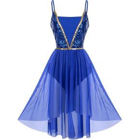 ODASDO Women Shiny Sequins Spaghetti Strap High Low Mesh Tulle Lyrical Dance Dress Modern Contemporary Dancewear