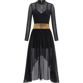 AFAVOM Lyrical Dance Dress for Women Contemporary Dance Costumes Long Sleeve Mesh Leotard Jumpsuit Asymmetrical Tulle Skirt