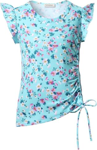 Perfashion Girls Flutter/Long Sleeve Cotton T-Shirts Side Drawstring Tunic Blouse Round Neck Casual Tops for 4-13Years in Kuwait