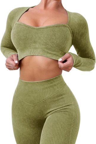 Workout Sets for Women Long Sleeev 2 Piece Yoga Outfits Seamless Ribbed Sweetheart Neck Crop Top High Wasit Legging Sets in Kuwait