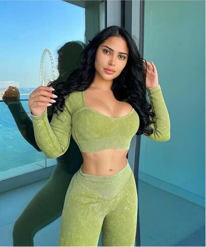 Workout Sets for Women Long Sleeev 2 Piece Yoga Outfits Seamless Ribbed Sweetheart Neck Crop Top High Wasit Legging Sets in Kuwait