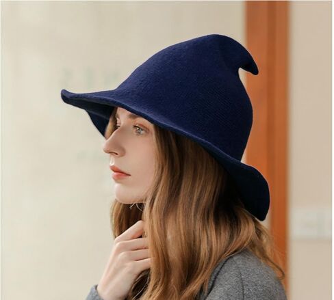 Halloween Witch Hat Wizard Women Costume Cosplay Party Accessory Daily Girl Wool Knitted Wide Brim Foldable Pointed Hat in Kuwait