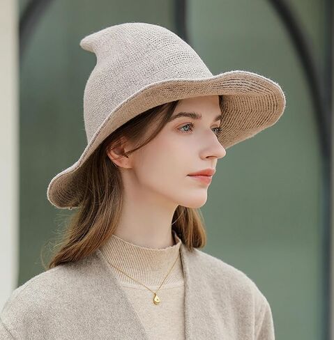 Halloween Witch Hat Wizard Women Costume Cosplay Party Accessory Daily Girl Wool Knitted Wide Brim Foldable Pointed Hat in Kuwait