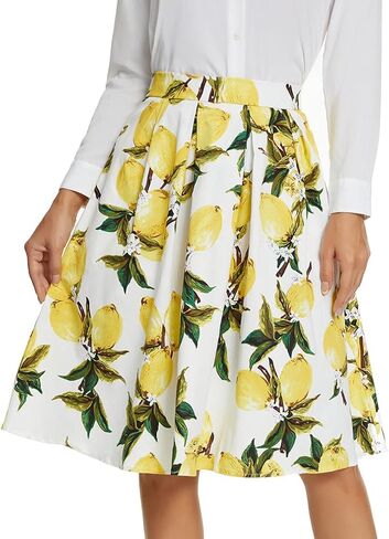 Tandisk Women's Vintage A-line Printed Pleated Flared Midi Skirt with Pockets in Kuwait