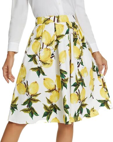 Tandisk Women's Vintage A-line Printed Pleated Flared Midi Skirt with Pockets in Kuwait