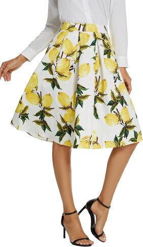 Tandisk Women's Vintage A-line Printed Pleated Flared Midi Skirt with Pockets in Kuwait