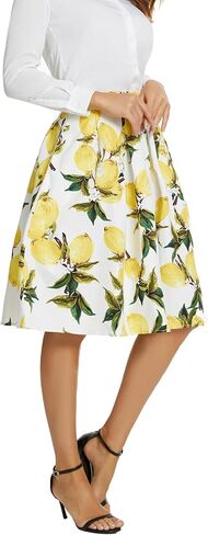 Tandisk Women's Vintage A-line Printed Pleated Flared Midi Skirt with Pockets in Kuwait
