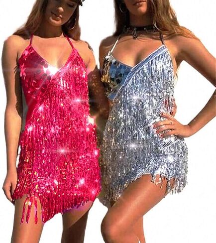 Drecode Sequin Fringe Skirt Dress Glitter Tassel Skirt Festival Rave Space Cowgirl Outfit Carnival Party Dance Costumes in Saudi Arabia