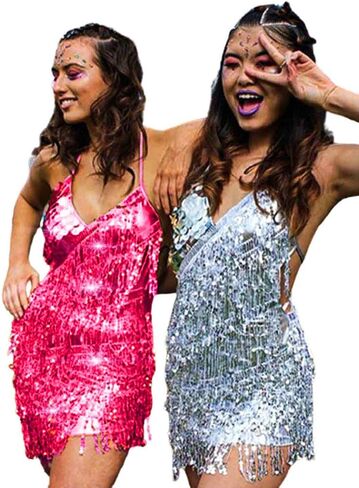 Drecode Sequin Fringe Skirt Dress Glitter Tassel Skirt Festival Rave Space Cowgirl Outfit Carnival Party Dance Costumes in Saudi Arabia