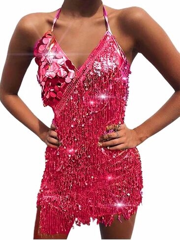 Drecode Sequin Fringe Skirt Dress Glitter Tassel Skirt Festival Rave Space Cowgirl Outfit Carnival Party Dance Costumes in Saudi Arabia