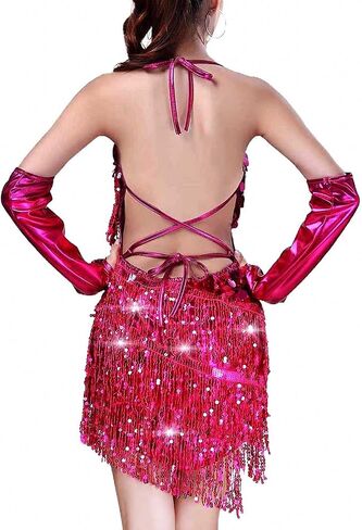 Drecode Sequin Fringe Skirt Dress Glitter Tassel Skirt Festival Rave Space Cowgirl Outfit Carnival Party Dance Costumes in Saudi Arabia